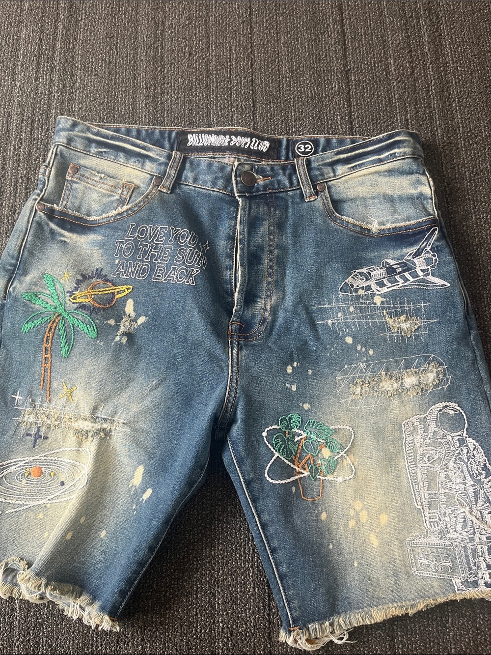 Billionaire Boys Club Blue Embroidered Denim Shorts with Space & Palm Motifs